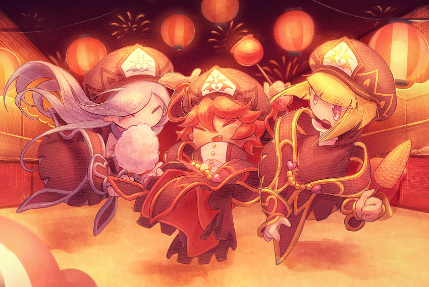 3girls beret blonde_hair blue_eyes blue_hair blunt_bangs candy_apple chinese_commentary closed_eyes commentary_request corn cotton_candy covered_mouth disembodied_hand eyes_visible_through_hair fang flamberge_(kirby) food francisca_(kirby) hair_over_one_eye hat heart highres holding holding_cotton_candy holding_food insignia kirby_star_allies kirby_(series) lantern long_hair multiple_girls nintendo open_mouth paper_lantern rayman_limbs red_hair short_hair smile somayumi summer_festival uniform very_long_hair zan_partizanne
