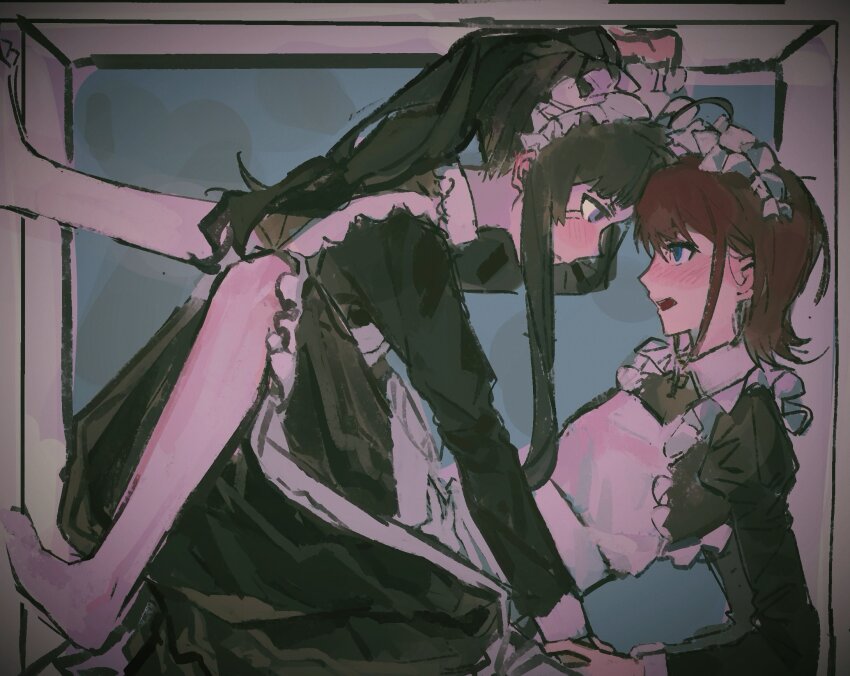 2girls awa_subaru barefoot black_dress black_hair blue_eyes blush brown_hair commentary dress ear_blush eye_contact girls_band_cry hair_down highres iseri_nina juliet_sleeves long_hair long_sleeves looking_at_another maid_headdress multiple_girls occoon open_mouth ponytail puffy_sleeves purple_eyes sidelocks stuck_in_a_box yuri