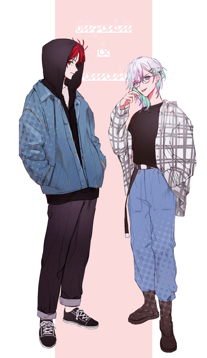 2boys absurdres blue_hair character_name denim full_body glasses highres hood hood_up jeans long_sleeves multicolored_background multicolored_hair multiple_boys nyamnyam0502 pants paradox_live pink_background purple_eyes red_eyes red_hair silver_hair sugasano_allen tongue tongue_out white_background yatonokami_kanata