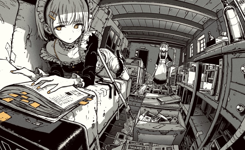 2girls apron book bottle breasts bright_pupils broom cassette_tape ceiling closed_mouth collar collarbone commentary_request earrings fisheye freckles frilled_collar frilled_sleeves frills hair_ornament hairclip highres holding holding_broom indoors industrial_pipe jewelry long_sleeves looking_at_another lying maid maid_apron maid_headdress messy_room monochrome multiple_girls omao open_book original shelf short_hair small_breasts spot_color standing