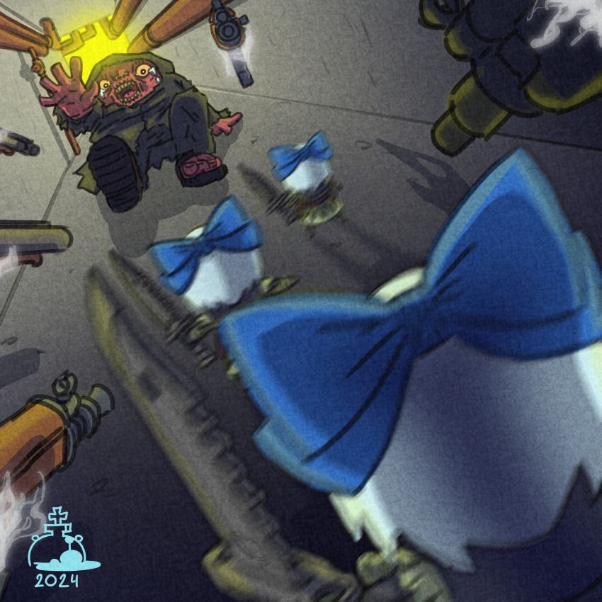 1girl 2024 adapted_costume aks-74u antykvarnyy_kalamar assault_rifle blue_hair blurry burer_(stalker) cirno crossover crying crying_with_eyes_open floating fumo_(doll) gameplay_mechanics gun highres kalashnikov_rifle knife levitation meme monster panicking perspective rifle scared shotgun stalker_(game) stalker_2:_heart_of_chornobyl tears touhou tunnel weapon