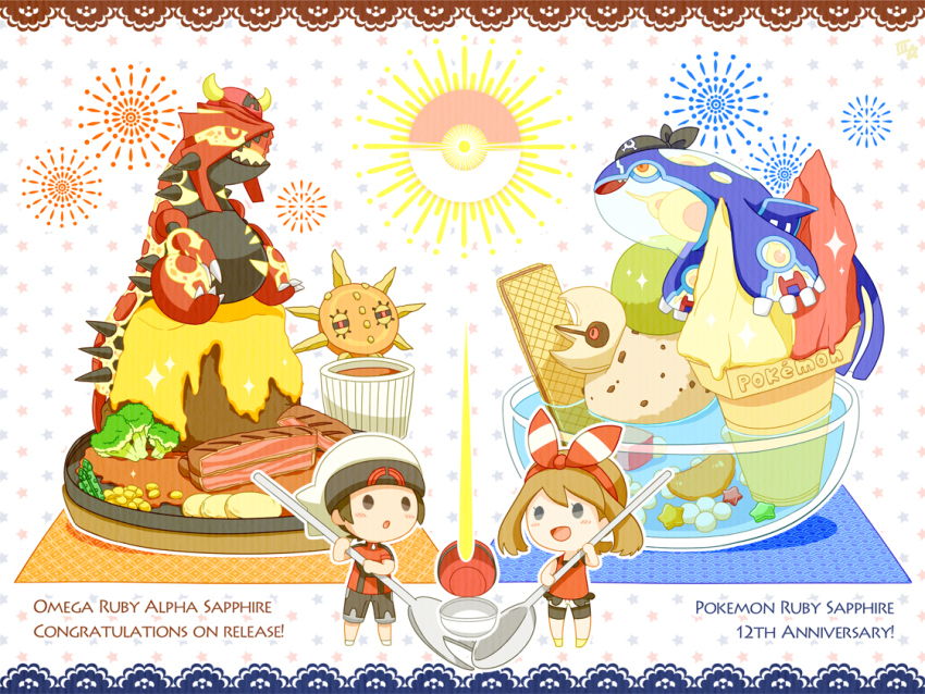1boy 1girl blue_eyes brendan_(pokemon) broccoli brown_eyes brown_hair chibi food fork fruit gen_3_pokemon groudon holding ice_cream ice_cream_cone kyogre legendary_pokemon lunatone may_(pokemon) nintendo open_mouth orange_(fruit) orange_slice poke_ball poke_ball_(basic) pokemon pokemon_(creature) pokemon_oras potato primal_groudon primal_kyogre samsung_(yuzuikka) sidelocks sitting solrock spoon standing steak wafer