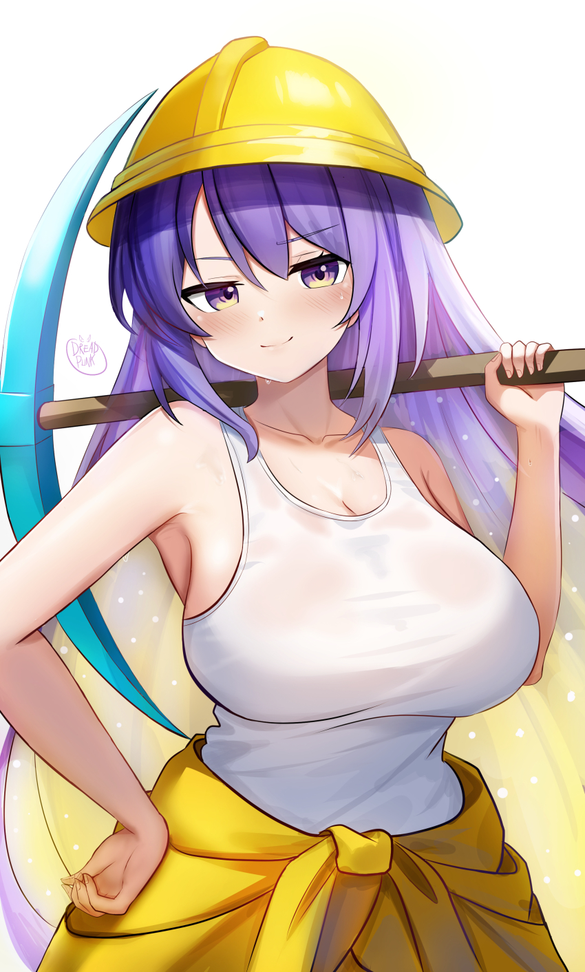 1girl absurdres alternate_costume bare_arms blonde_hair breasts closed_mouth clothes_around_waist colored_inner_hair commentary_request dreadpunk gradient_eyes gradient_hair hand_on_own_hip hard_hat helmet highres holding holding_pickaxe hololive hololive_indonesia indonesian_commentary large_breasts long_hair looking_at_viewer minecraft minecraft_pickaxe moona_hoshinova multicolored_eyes multicolored_hair pickaxe purple_eyes purple_hair simple_background smile solo starry_hair tank_top two-tone_hair upper_body very_long_hair virtual_youtuber white_background white_tank_top yellow_eyes