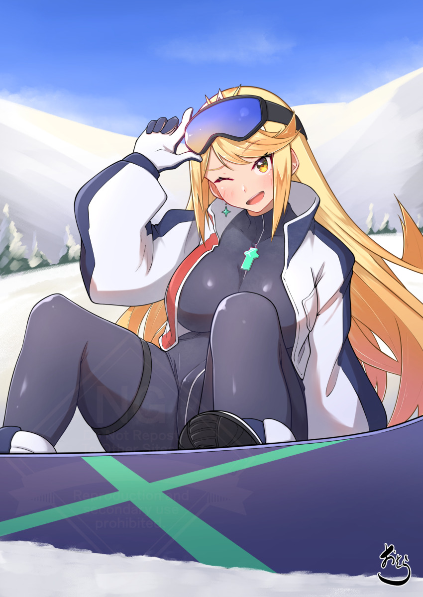 1girl alternate_costume black_bodysuit blonde_hair blush bodysuit breasts chest_jewel earrings gloves goggles goggles_on_head highres impossible_bodysuit impossible_clothes jacket jewelry large_breasts long_hair looking_at_viewer mountainous_horizon mythra_(xenoblade) one_eye_closed open_clothes open_jacket open_mouth osora_(judithandlilith) outdoors sitting snow snowboard solo swept_bangs tiara tree very_long_hair xenoblade_chronicles_(series) xenoblade_chronicles_2 yellow_eyes