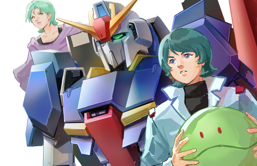 1boy 1girl 2girls absurdres aeug aqua_hair blue_eyes carrying commentary english_commentary fake_screenshot four_murasame green_hair grin gun gundam haro highres holding kamille_bidan looking_ahead machine_gun machinery mecha military_uniform mobile_suit multiple_girls nekkikamille robot science_fiction smile v-fin weapon zeta_gundam zeta_gundam_(mobile_suit)