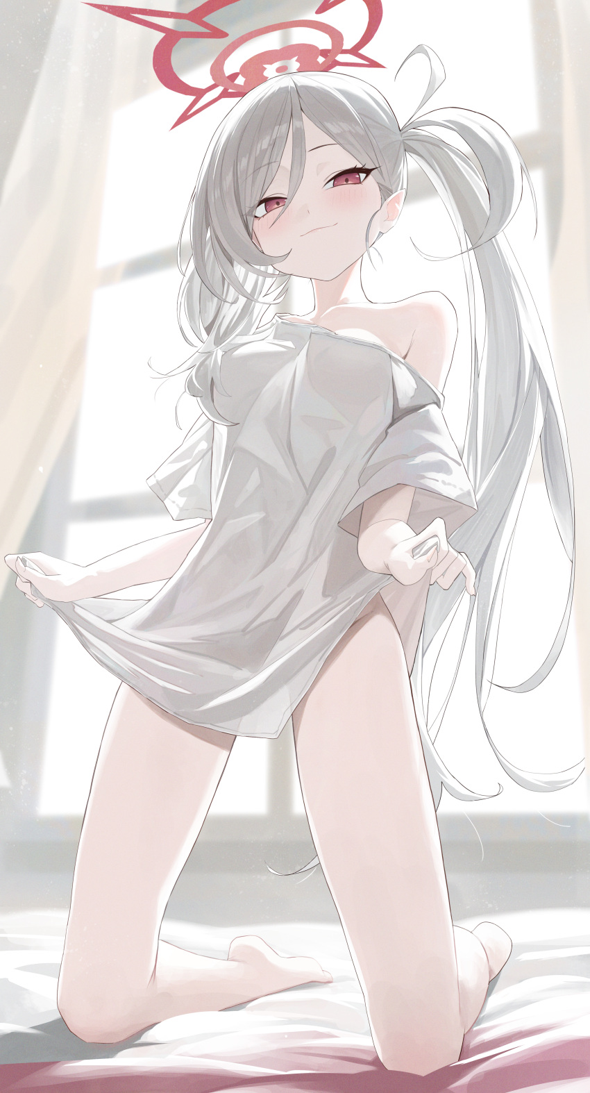 1girl absurdres armpit_crease backlighting barefoot blue_archive blurry blurry_background bottomless breasts closed_mouth clothes_lift collarbone commentary_request curtains day depth_of_field double-parted_bangs full_body hair_over_shoulder halo hands_up highres kneeling lifting_own_clothes light_blush light_smile loli long_hair long_shirt looking_at_viewer looking_down medium_breasts mutsuki_(blue_archive) naked_shirt no_bra off-shoulder_shirt off_shoulder on_bed one_side_up re_naya red_eyes red_halo shirt shirt_lift short_sleeves sidelocks single_bare_shoulder solo spot_color sunlight t-shirt very_long_hair white_hair white_shirt white_theme wide_sleeves window