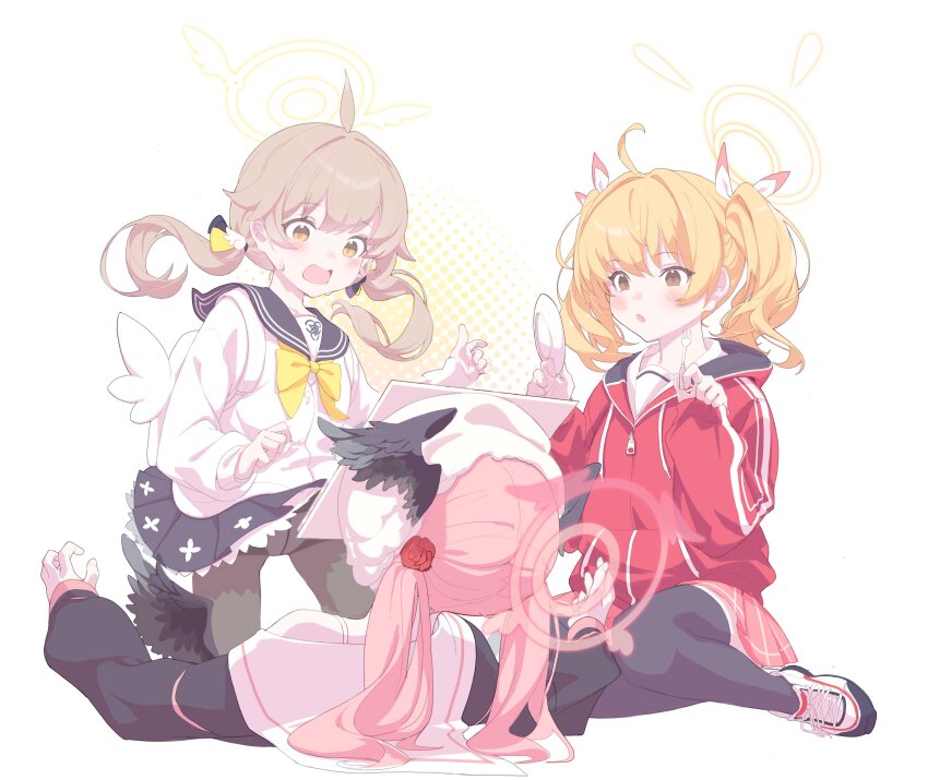 3girls :o absurdres accident ahoge amejaga backpack bag birthday_cake black_pantyhose black_shirt black_thighhighs black_wings blonde_hair blue_archive blue_skirt blush bow bowtie brown_eyes brown_hair cake cardigan clenched_hand clothes_lift cross-laced_shoes failure feathered_wings floating_hair flower food hair_bow hair_flower hair_intakes hair_ornament halo hashtag-only_commentary head_wings hifumi_(blue_archive) highres holding holding_plate in_the_face jacket koharu_(blue_archive) long_hair looking_at_another low_twintails lying medium_hair miniskirt multiple_girls on_back open_mouth panties panties_under_pantyhose pantyhose pie_in_face pink_hair pink_halo pink_pupils plaid_clothes plaid_skirt plate pleated_skirt red_flower red_jacket red_rose red_skirt rose sailor_collar school_uniform serafuku shirt shoes simple_background single_bare_shoulder sitting skirt skirt_lift sleeves_past_wrists sneakers sweatdrop thighhighs track_jacket twintails underwear white_background white_cardigan white_sailor_collar white_shoes wind wind_lift wing_hair_ornament winged_halo wings yellow_bow yellow_bowtie yellow_halo yokozuwari yoshimi_(blue_archive) zettai_ryouiki