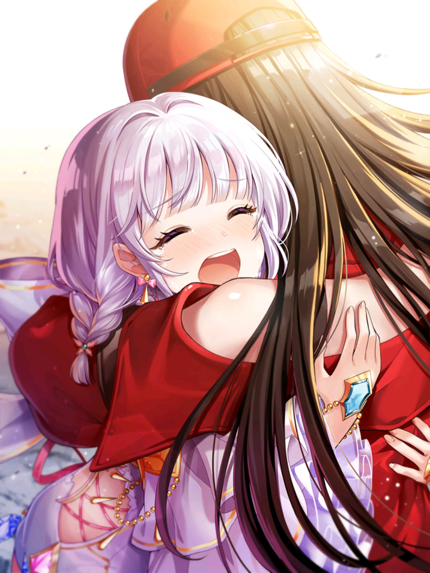 baizu_(guszx) bare_shoulders black_hair blush braid closed_eyes crying detached_sleeves dress from_above gem hat highres hug long_hair long_sleeves low_twintails medium_hair open_mouth red_hat shironeko_project simple_background streaming_tears teardrop tears teeth tina_topia twin_braids twintails upper_body upper_teeth_only white_background