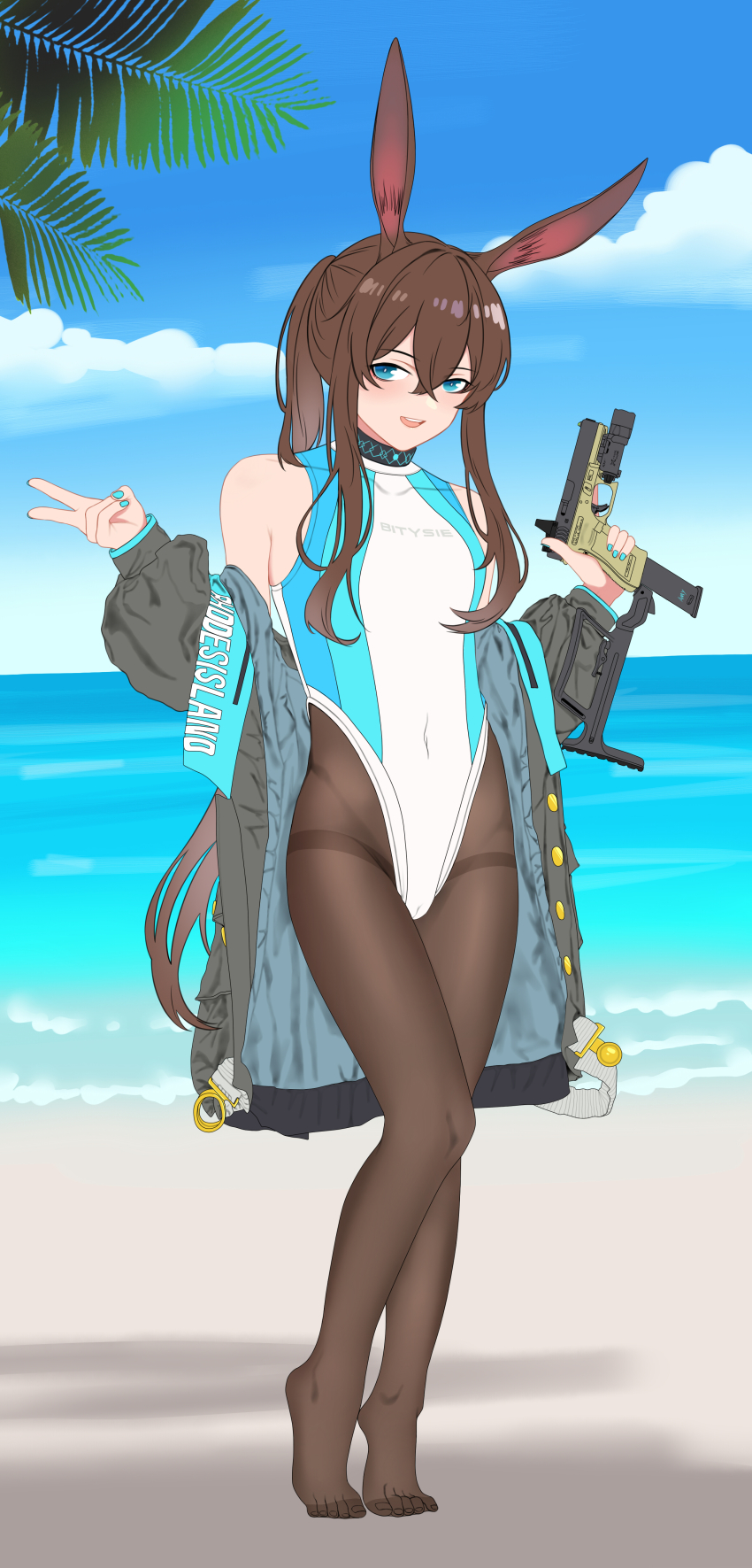 1girl :d absurdres amiya_(arknights) animal_ears arknights bare_shoulders beach black_coat blue_eyes blue_nails blue_sky blush brown_pantyhose clothes_writing coat collar competition_swimsuit covered_collarbone dax full_body glock gun handgun highres holding holding_gun holding_weapon horizon infection_monitor_(arknights) long_hair looking_at_viewer nail_polish no_shoes ocean one-piece_swimsuit open_clothes open_coat open_mouth outdoors pantyhose pantyhose_under_swimsuit ponytail rabbit_ears sidelocks sky smile solo standing swimsuit swimsuit_under_clothes thighband_pantyhose trigger_discipline unfinished very_long_hair water weapon white_one-piece_swimsuit zenge_hd