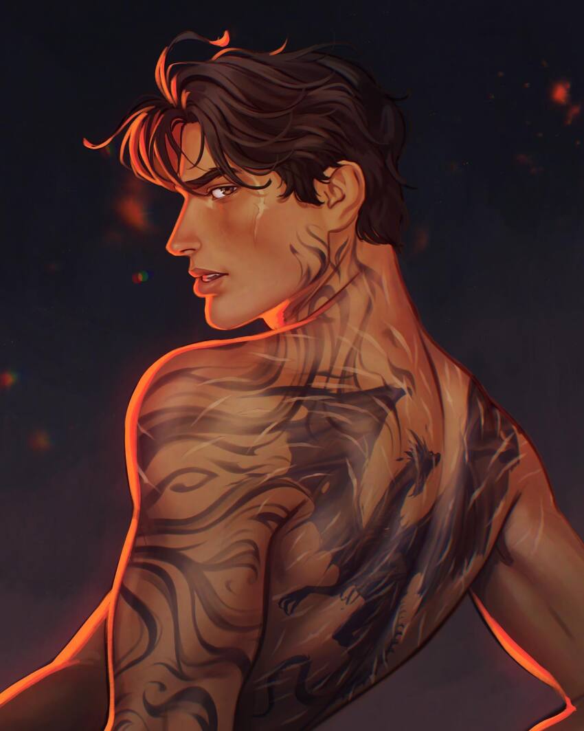 1boy back back_focus back_tattoo bare_arms bare_back bare_shoulders brown_eyes brown_hair dragon_tattoo from_behind highres ignartcio lens_flare looking_at_viewer looking_back male_focus median_furrow profile scar scar_on_face short_hair shoulder_blades tattoo the_empyrean_(series) topless_male very_short_hair xaden_riorson