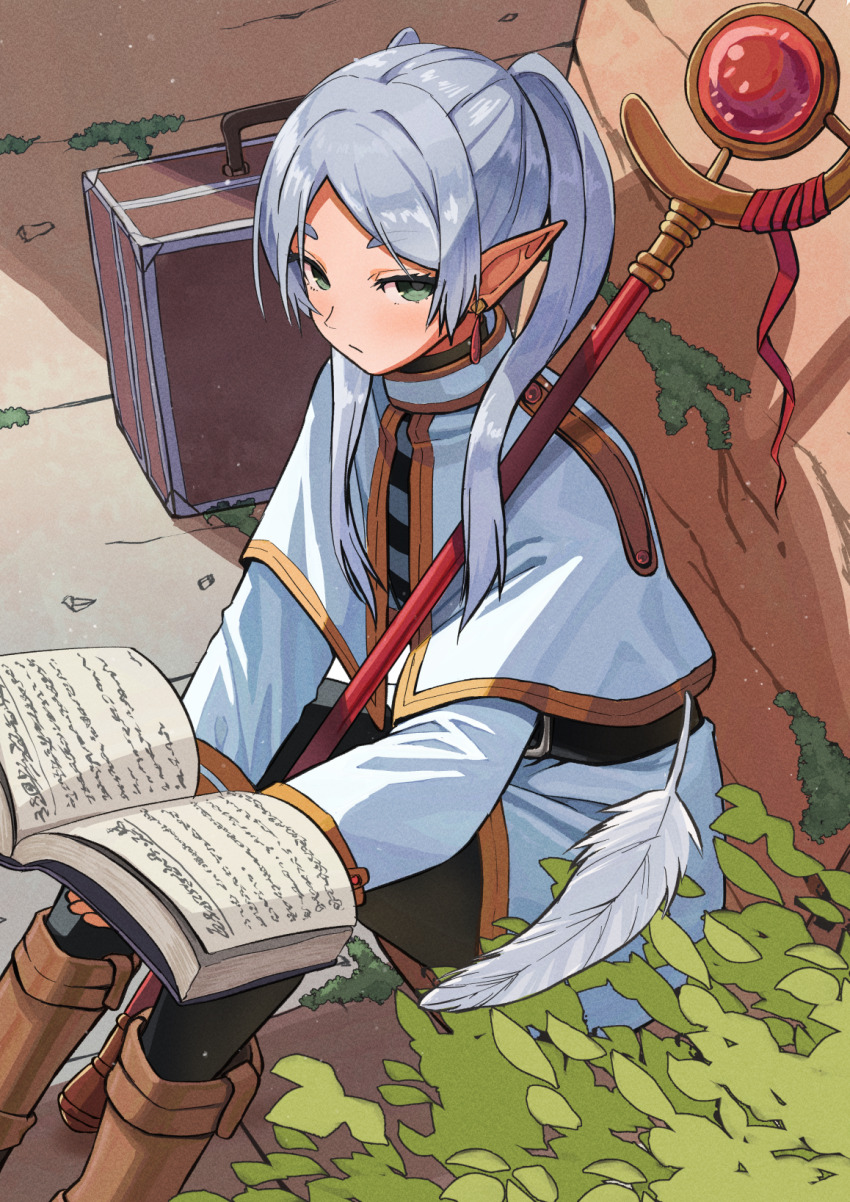 1girl belt black_belt black_pantyhose book brown_footwear capelet commentary_request earrings elf expressionless falling_feathers feathers flat_chest floating_earrings frieren green_eyes grey_hair highres holding holding_book jewelry light_blush long_sleeves looking_at_viewer mage_staff moss open_book outdoors pantyhose parted_bangs plant pointy_ears shirt sitting solo sousou_no_frieren striped_clothes striped_shirt suitcase toraneko twintails white_capelet white_feathers