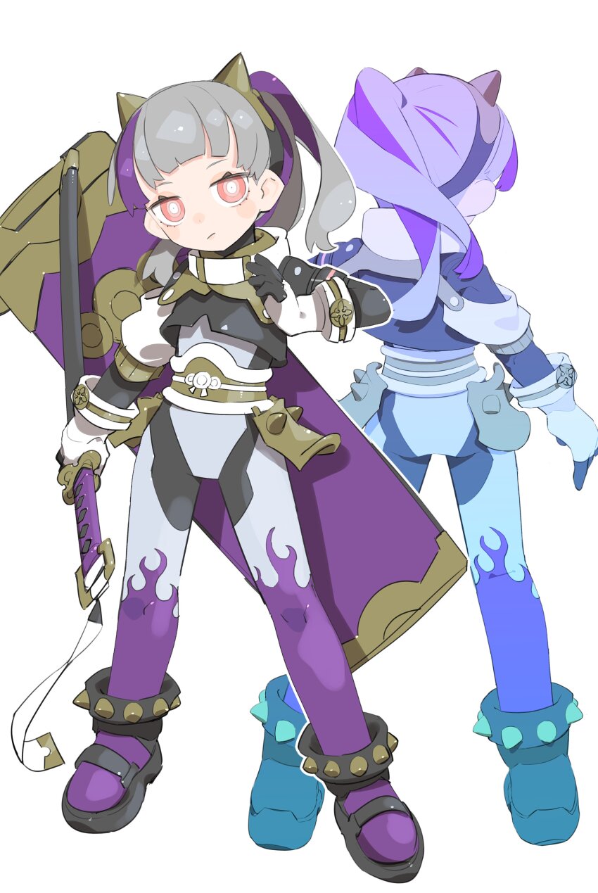 1girl absurdres cheri_zao fingerless_gloves full_body gloves grey_hair highres katana multicolored_hair multiple_views original purple_hair red_eyes ringed_eyes simple_background streaked_hair sword two-tone_hair weapon white_background white_gloves