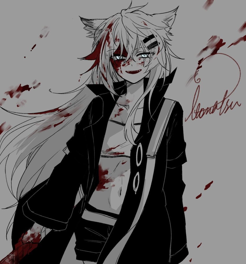 animal_ear_fluff animal_ears antenna_hair aqua_eyes arknights artist_name bandeau belt blood blood_in_hair blood_on_chest blood_on_face blood_on_hands blood_spray collarbone collared_jacket commentary_request cowboy_shot crazy_smile floating_hair greyscale hair_between_eyes hair_ornament hairclip half-closed_eyes hand_on_hilt hatching_(texture) high_collar highres hilt holding itonatsu jacket lappland_(arknights) layered_sleeves linear_hatching long_hair long_sleeves looking_at_viewer messy_hair midriff monochrome navel open_clothes open_jacket open_mouth outline scar scar_across_eye scar_on_face sharp_teeth short_over_long_sleeves short_shorts short_sleeves shorts signature simple_background smile spot_color stomach straight-on sword_hilt teeth upper_teeth_only very_long_hair wide_sleeves wolf_ears wolf_girl