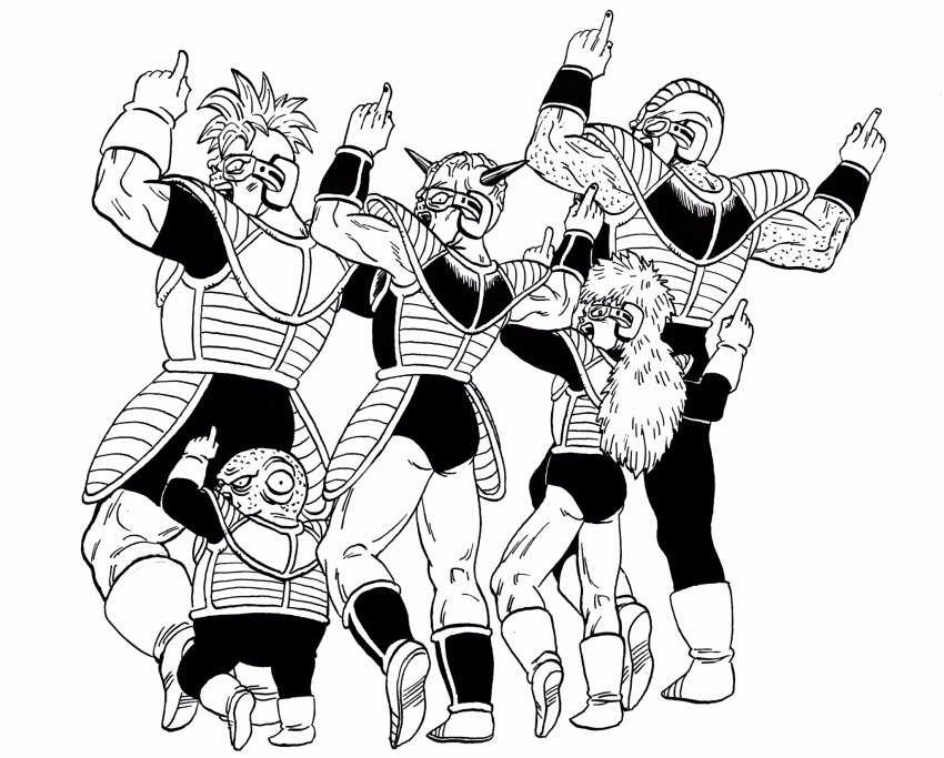 5boys armor bald boots burter captain_ginyu dragon_ball dragonball_z ginyu_force gloves greyscale guldo highres jeice lee_(dragon_garou) long_hair male_focus monochrome multiple_boys muscular nib_pen_(medium) open_mouth pen_(medium) recoome scouter shoulder_armor traditional_media wristband