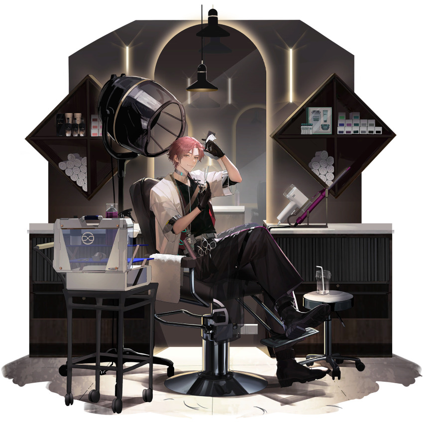 1boy apron barber barber_shop black_apron black_boots black_gloves black_pants black_shirt boots cabinet chair damingshimingyan faux_figurine full_body game_cg girls&#039;_frontline girls&#039;_frontline_neural_cloud gloves hair_curl hair_dryer highres jacket lanyard looking_at_viewer official_art on_chair pants pink_hair red_vest scissors shirt sitting solo third-party_source tony_(neural_cloud) towel transparent_background vest white_jacket