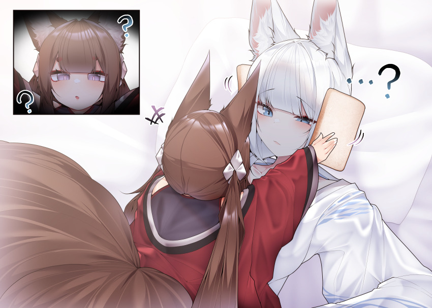 2girls ? absurdres amagi-chan_(azur_lane) animal_ear_fluff animal_ears azur_lane blue_eyes bread bread_slice brown_hair food fox_ears fox_girl fox_tail haori highres holding holding_food idiot_sandwich_(meme) japanese_clothes kaga_(azur_lane) lying meme motion_lines multiple_girls on_back on_bed pillow purple_eyes red_haori samip tail waking_up white_hair white_haori
