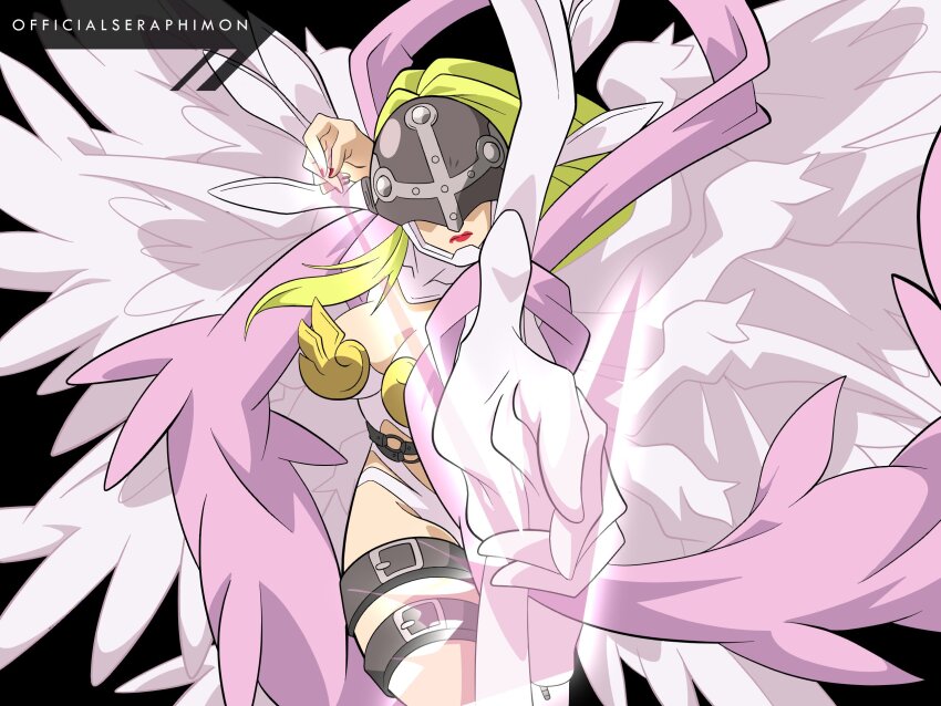angel angel_girl angewomon digimon digimon_(creature) digimon_adventure head_wings highres lipstick long_hair makeup mask nail_polish officialseraphimon wings