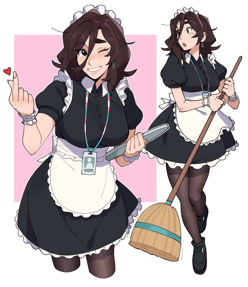 1girl absurdres black_eyes breasts broom brown_hair brown_pantyhose character_request commission copyright_request ear_piercing earrings finger_heart grin heart highres holding holding_broom holding_tray jewelry large_breasts looking_at_viewer maejpg_. maid maid_headdress mole mole_under_eye one_eye_closed pantyhose parted_lips piercing puffy_short_sleeves puffy_sleeves short_sleeves smile solo teeth transgender_flag transgender_flag_print tray