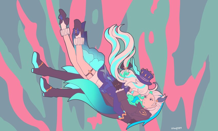 1boy 1girl abstract_background black_coat black_footwear black_gloves blue_headwear boots coat falling frilled_sleeves frills furina_(genshin_impact) genshin_impact gloves hat hetero highres long_hair long_sleeves low_twintails multicolored_hair neuvillette_(genshin_impact) shoes shorts socks streaked_hair thigh_strap top_hat twintails utsuyeet very_long_hair white_hair white_shorts white_socks yoru_ni_kakeru