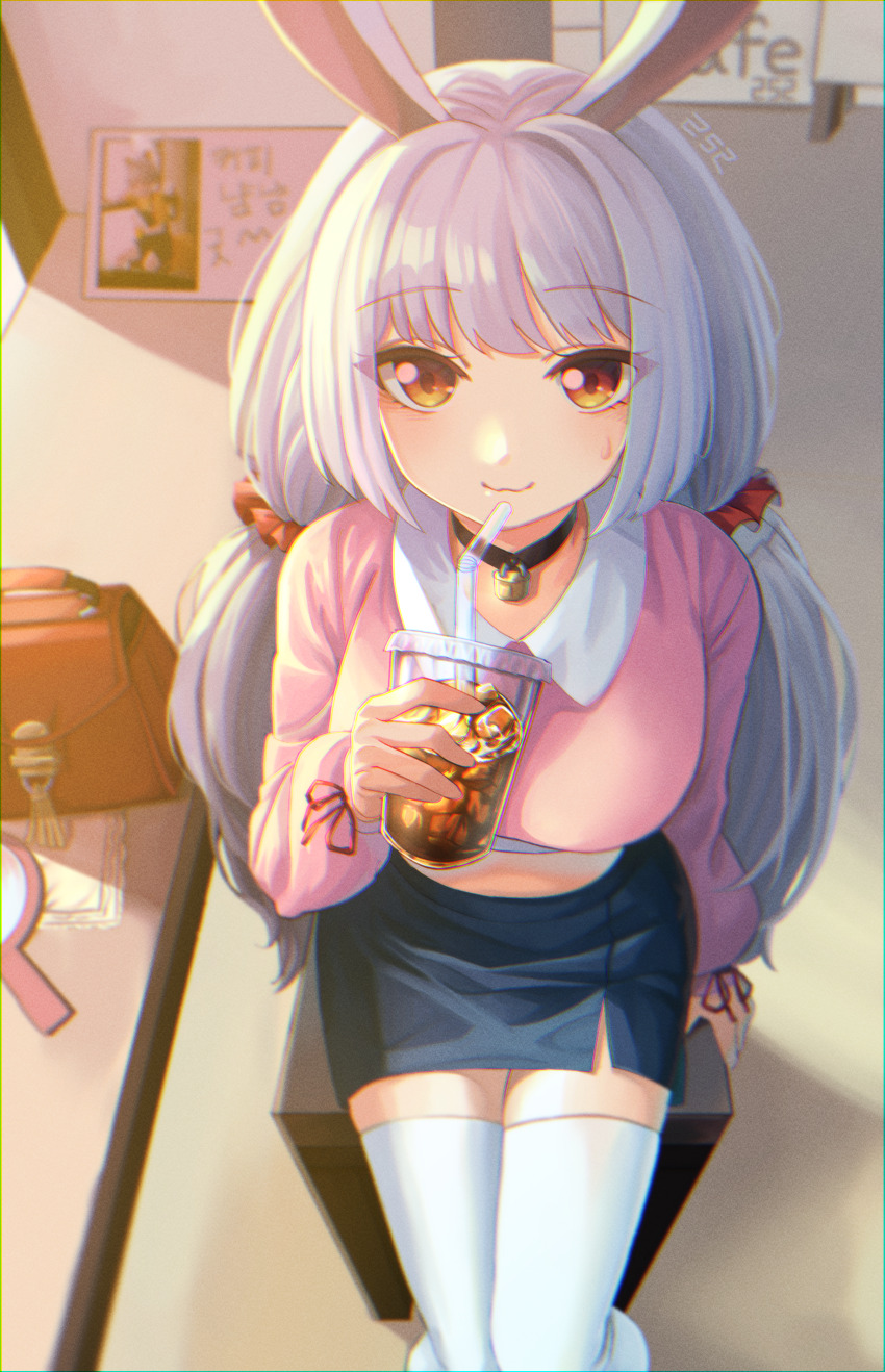 1girl :3 absurdres animal_ears arm_support black_choker black_skirt blue_hair breasts brown_bag chair choker chromatic_aberration collared_shirt cropped_shirt cropped_sweater cup curtains disposable_cup drinking_straw hair_intakes highres holding holding_cup indoors large_breasts leegh19769 light_blue_hair light_blush light_rays long_hair looking_at_viewer low_twintails midriff_peek on_chair orange_eyes original padlocked_choker pencil_skirt pink_sweater portrait_(object) rabbit_ears shadow shirt sidelocks sitting skirt sunbeam sunlight sweatdrop sweater thighhighs twintails very_long_hair white_shirt white_thighhighs