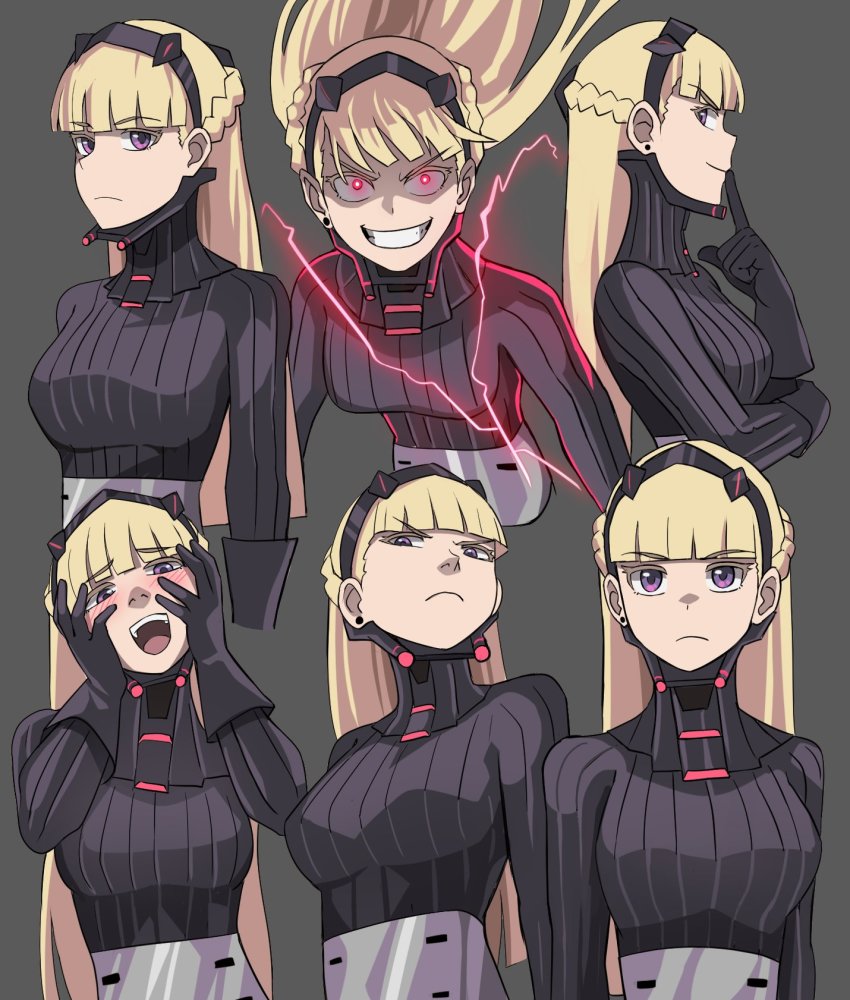 1girl am_(star_wars) arms_at_sides black_bodysuit black_gloves blonde_hair blunt_bangs blush bodysuit braid breasts crown_braid earrings expressionless finger_to_mouth globe gloves grey_background highres jewelry jourd4n long_hair looking_at_viewer medium_breasts multiple_views purple_eyes shaded_face star_wars star_wars:_visions turtleneck yandere_trance