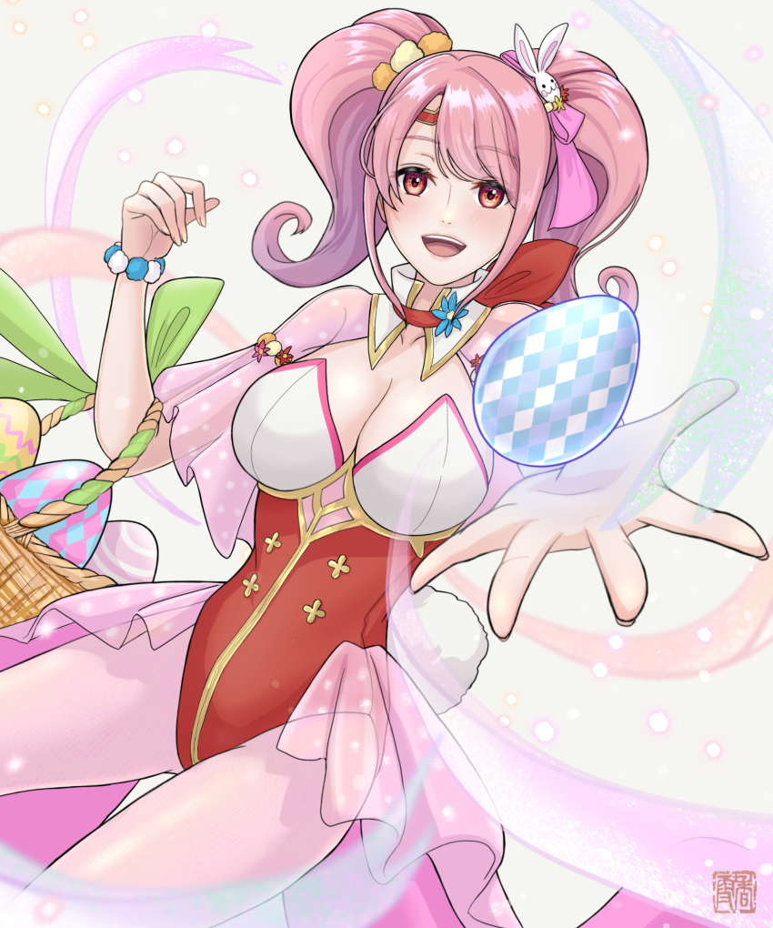1girl absurdres basket breasts cleavage collarbone easter_egg egg fire_emblem fire_emblem_echoes:_shadows_of_valentia fire_emblem_heroes hair_ornament highres holding holding_basket kousetu0506 large_breasts leotard long_hair looking_at_viewer mae_(fire_emblem) mae_(spring)_(fire_emblem) nintendo official_alternate_costume open_mouth pink_eyes pink_hair see-through_clothes see-through_sleeves sidelocks sleeveless leotard smile solo swept_bangs teeth twintails upper_teeth_only