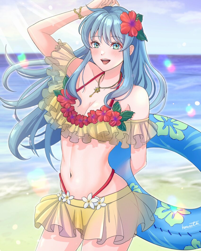 1girl aqua_hair arm_behind_back bare_shoulders beach bikini breasts cleavage cowboy_shot eirika_(fire_emblem) eirika_(summer)_(fire_emblem) fire_emblem fire_emblem:_the_sacred_stones fire_emblem_heroes frilled_bikini frills green_eyes highres holding holding_swim_ring innertube kousetu0506 long_hair medium_breasts mixed-language_commentary navel nintendo ocean official_alternate_costume sand solo swim_ring swimsuit water yellow_bikini