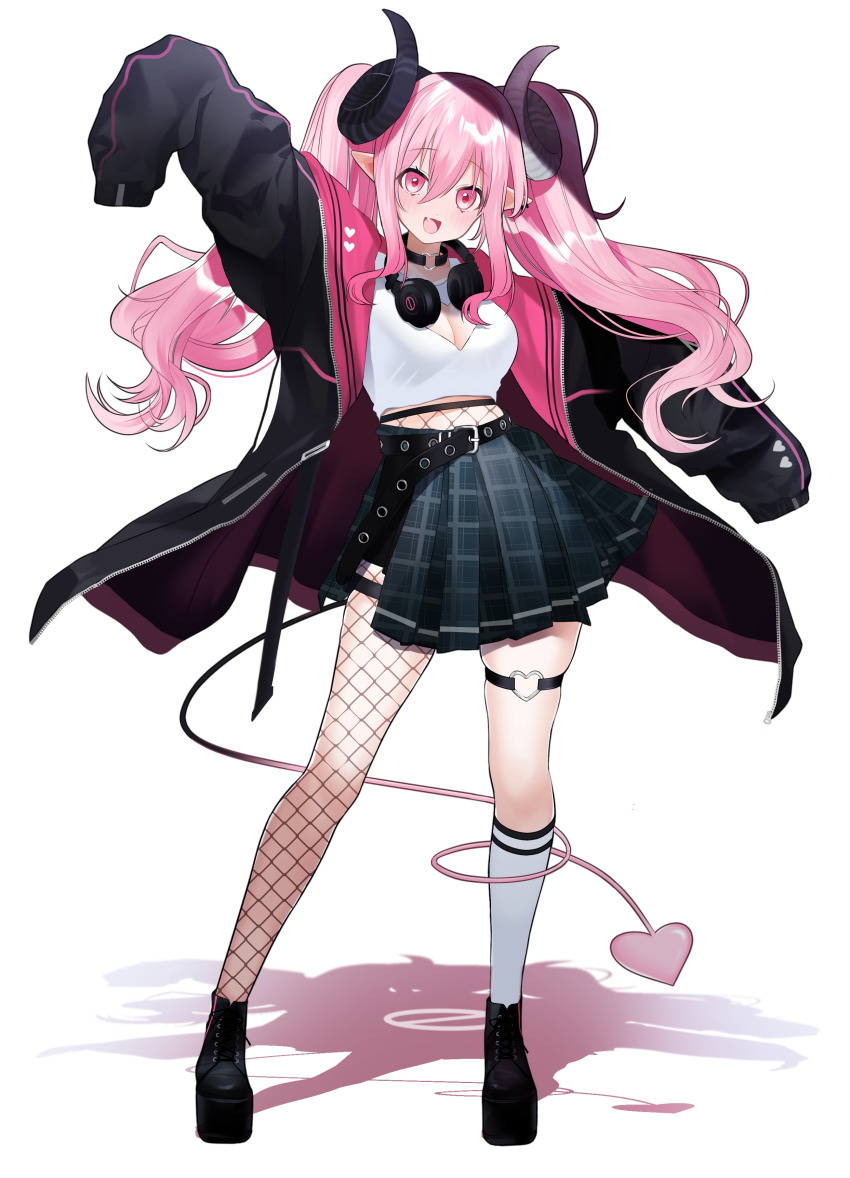 1girl :3 :d absurdres belt belt_buckle black_belt black_footwear black_jacket black_skirt blush breasts buckle choker cleavage cleavage_cutout clothing_cutout crop_top demon_girl demon_horns demon_tail fang fishnets full_body headphones headphones_around_neck heart heart_choker heart_cutout heart_tail highres horns jacket kneehighs large_breasts long_hair long_sleeves looking_at_viewer open_clothes open_jacket open_mouth original oversized_clothes pantyhose pink_eyes pink_hair plaid_clothes plaid_skirt platform_footwear pointy_ears pomu_(pomu_me) revision shadow shirt sidelocks single_kneehigh single_leg_pantyhose single_sock skindentation skirt sleeveless sleeveless_shirt sleeves_past_fingers sleeves_past_wrists smile socks solo tail thigh_strap twintails very_long_hair virgin_bitch_gal white_background white_shirt