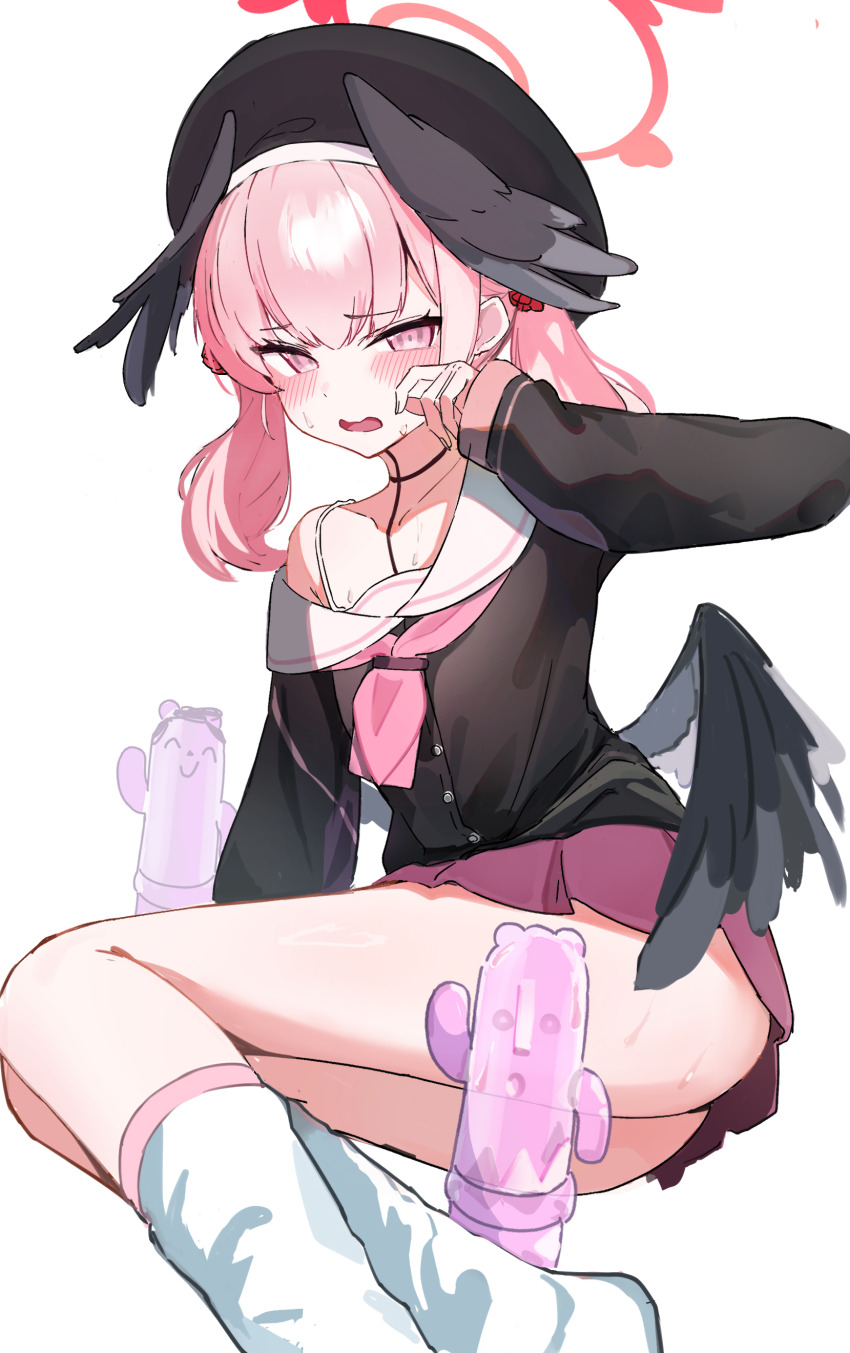 1girl absurdres black_serafuku black_wings blue_archive blush collarbone commentary halo highres koharu_(blue_archive) loli low_twintails neckerchief off_shoulder pink_eyes pink_hair pink_neckerchief purple_skirt red_halo school_uniform serafuku short_hair simple_background sitting skirt socks solo sweat thighs twintails urashima_jiro white_background white_socks wings