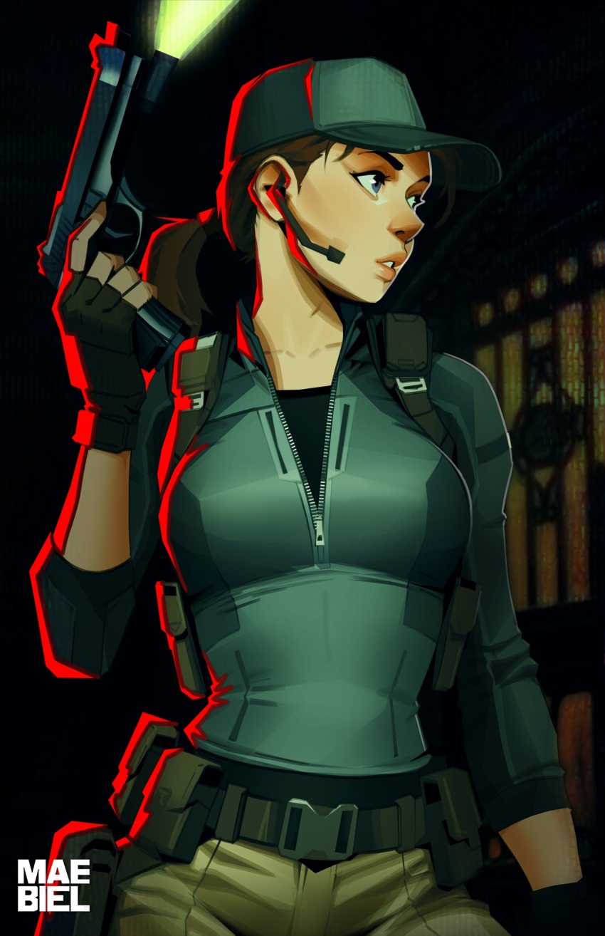 1girl artist_name black_gloves blue_hat brown_hair fingerless_gloves gloves gun handgun hat headset highres holding holding_gun holding_weapon jill_valentine long_hair looking_to_the_side maebiel pants parted_lips ponytail resident_evil resident_evil_5 weapon