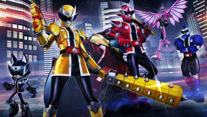 1girl 4boys avataro_sentai_donbrothers clenched_hand club club_(weapon) donmomotarou flying gun helmet highres holding holding_gun holding_sword holding_weapon inubrother kanabou kijibrother kito_haruka looking_at_viewer masukudo_(hamamoto_hikaru) multiple_boys night night_sky oni_sister open_hand sarubrother sky super_sentai superbike_enya_rideon sword tokusatsu weapon wings