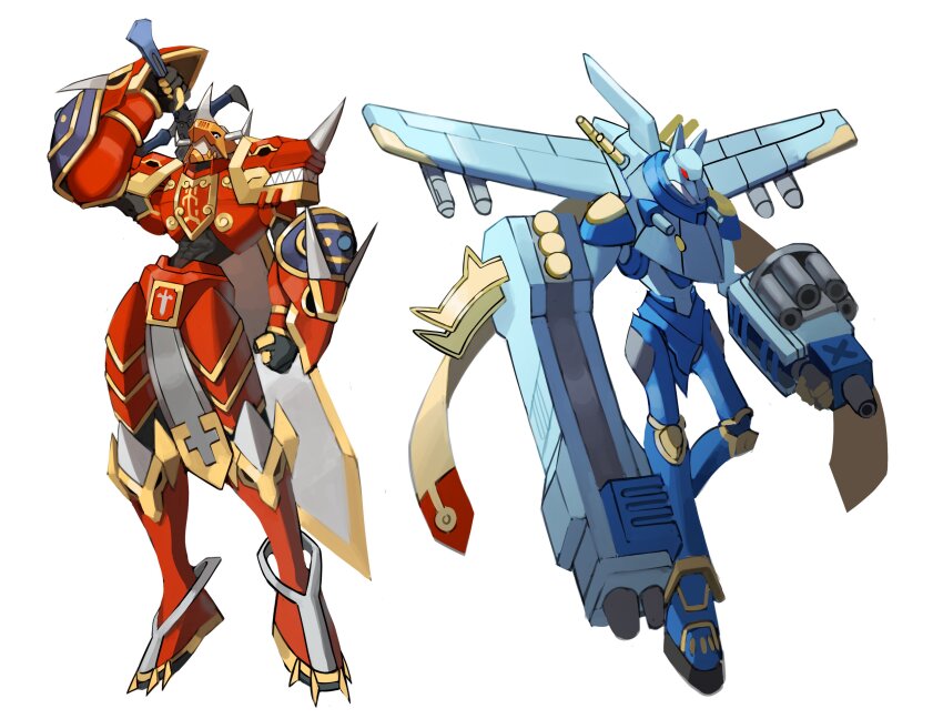 10_09hwan 2boys absurdres armor blue_armor digimon digimon_(creature) digimon_frontier full_armor gun helmet highres holding holding_behind_back holding_sword holding_sword_behind_back holding_weapon holding_weapon_behind_back horns kaisergreymon knight magnagarurumon missile_pod multiple_boys orange_helmet red_armor shoulder_armor sword weapon wings wolf