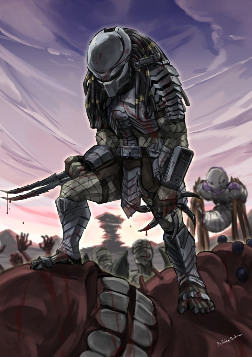 alien artist_name beta_(muv-luv) black_eyes black_hair blood bloody_knife bloody_weapon claw_(weapon) clenched_hand clenched_teeth crossover dreadlocks helmet highres holding holding_knife jun_(rellik_&amp;_redrum) knife looking_down monster muv-luv muv-luv_alternative predator_(1987) predator_(character) predator_(series) teeth weapon