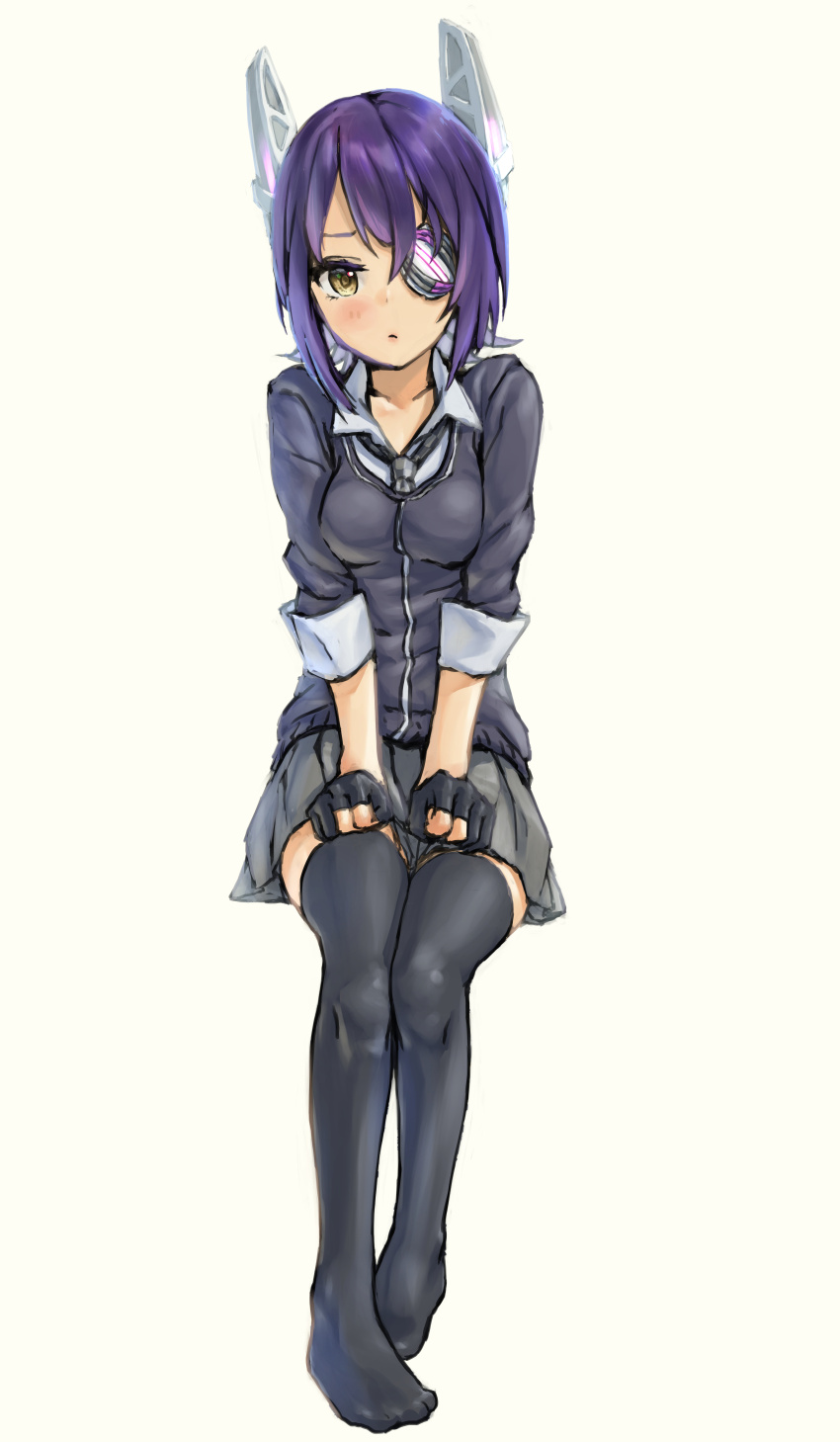 1girl absurdres black_cardigan black_gloves black_thighhighs blush breasts brown_eyes cardigan clenched_hands closed_mouth collared_shirt eyepatch gloves grey_skirt hair_between_eyes headgear highres invisible_chair kangoku_kou kantai_collection looking_at_viewer medium_breasts necktie partially_fingerless_gloves pleated_skirt purple_hair shirt short_hair simple_background sitting skirt solo tenryuu_(kancolle) thighhighs yellow_background yellow_eyes
