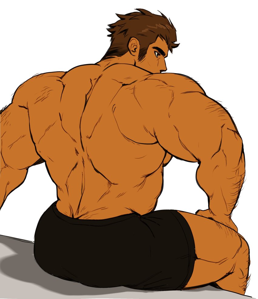 1boy absurdres ass back back_focus back_muscles bara boxers from_behind hairy highres looking_to_the_side male_focus male_underwear mature_male medium_sideburns muscular muscular_male nat20_(greentail) nifast_(greentail) original pectorals profile sidepec solo sparse_arm_hair sparse_leg_hair strongman_waist tan thick_eyebrows topless_male underwear