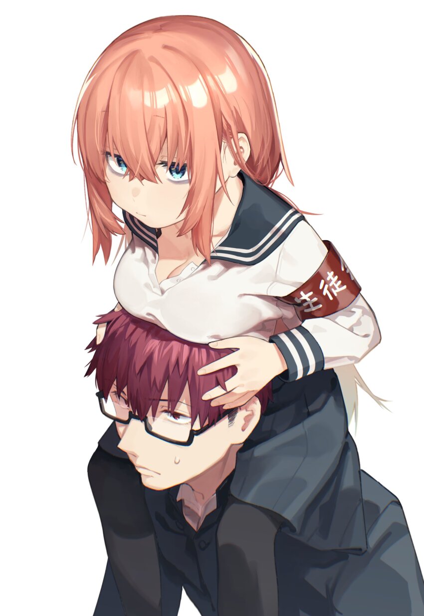 1boy 1girl absurdres armband bags_under_eyes black_jacket black_pantyhose blue_eyes blue_skirt breast_rest breasts breasts_on_head brown_hair cover glasses highres jacket long_hair medium_breasts michinoku_komaro mizunoe_ume muchi_maro official_art orange_hair pantyhose ponytail red_armband red_eyes school_uniform seitokai_ni_mo_ana_wa_aru! shirt sidelocks sitting sitting_on_person sitting_on_shoulder size_difference skirt sweatdrop white_background white_shirt