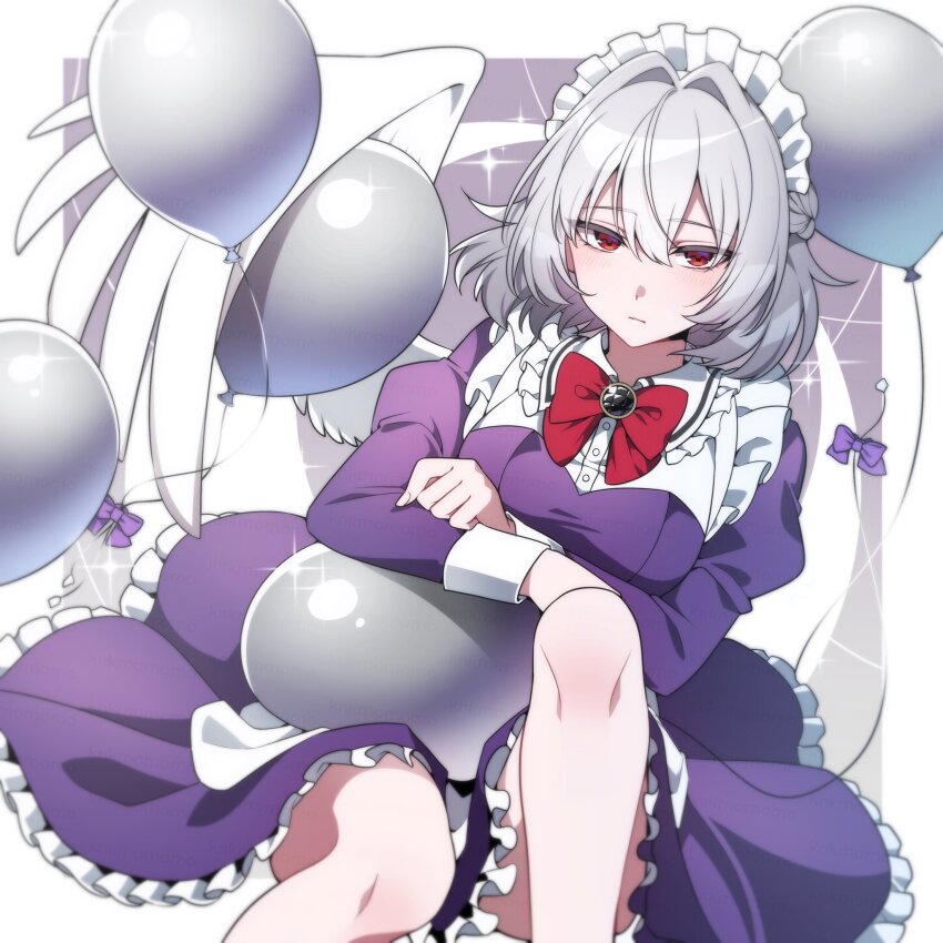 1girl balloon commission dress frilled_dress frills grey_hair highres kamenozoki_momomo kishin_sagume looking_at_viewer maid_headdress purple_dress red_eyes short_hair single_wing skeb_commission solo touhou wings