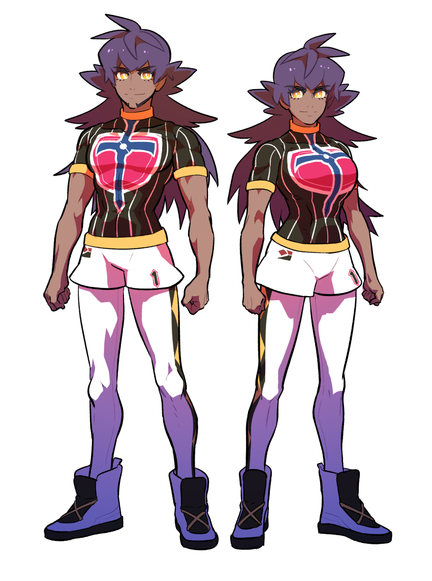 1boy 1girl boots breasts bright_pupils champion_uniform clenched_hands closed_mouth commentary_request dark-skinned_female dark-skinned_male dark_skin facial_hair genderswap genderswap_(mtf) highres korean_commentary large_breasts leggings leon_(pokemon) long_hair looking_at_viewer nintendo pokemon pokemon_swsh purple_hair redlhzz shield_print shirt short_shorts short_sleeves shorts smile split_mouth standing sword_print white_shorts yellow_eyes