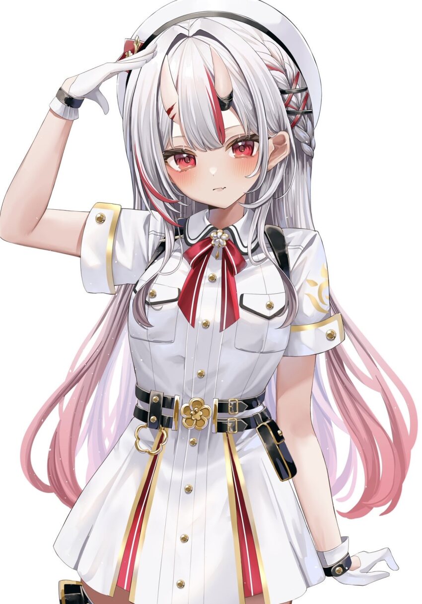 1girl belt_pouch beret braid center-flap_bangs closed_mouth cowboy_shot dress gloves gold_trim gradient_hair grey_hair hair_between_horns hand_up hashtag-only_commentary hat highres hololive horns long_hair looking_at_viewer multicolored_hair nakiri_ayame nakiri_ayame_(9th_costume) official_alternate_costume official_alternate_hairstyle ohagetty oni pleated_dress pouch red_eyes red_hair short_sleeves side_braid simple_background skin-covered_horns sleeve_cuffs solo straight-on streaked_hair thigh_pouch very_long_hair virtual_youtuber white_background white_dress white_gloves white_hat