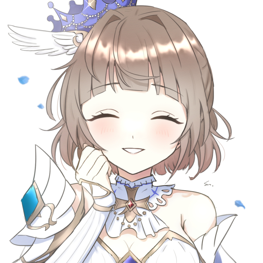1girl bare_shoulders bridal_gauntlets brown_hair closed_eyes crown detached_collar excellia_cruz highres mini_crown shironeko_project short_hair smile solo suzu_(sn_whneko) teeth tilted_headwear wing_hat_ornament