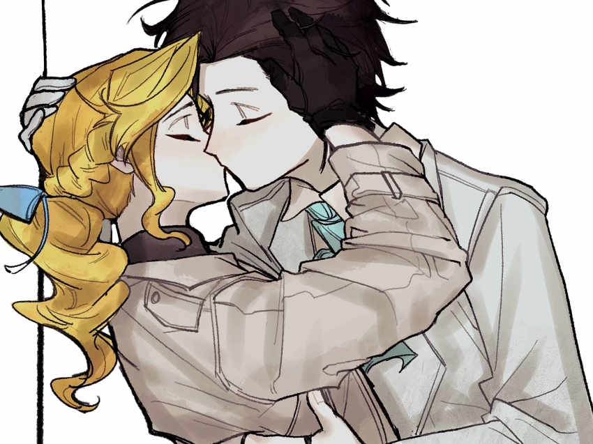1boy 1girl alice_deross aqua_ascot beijingban18388 black_gloves black_shirt blonde_hair blue_bow bow braid brown_hair closed_eyes collared_shirt gloves hair_bow hand_on_another&#039;s_head height_difference hetero highres identity_v jacket kiss lapels notched_lapels orpheus_(identity_v) ponytail shirt short_hair wavy_hair white_background white_gloves white_jacket white_shirt