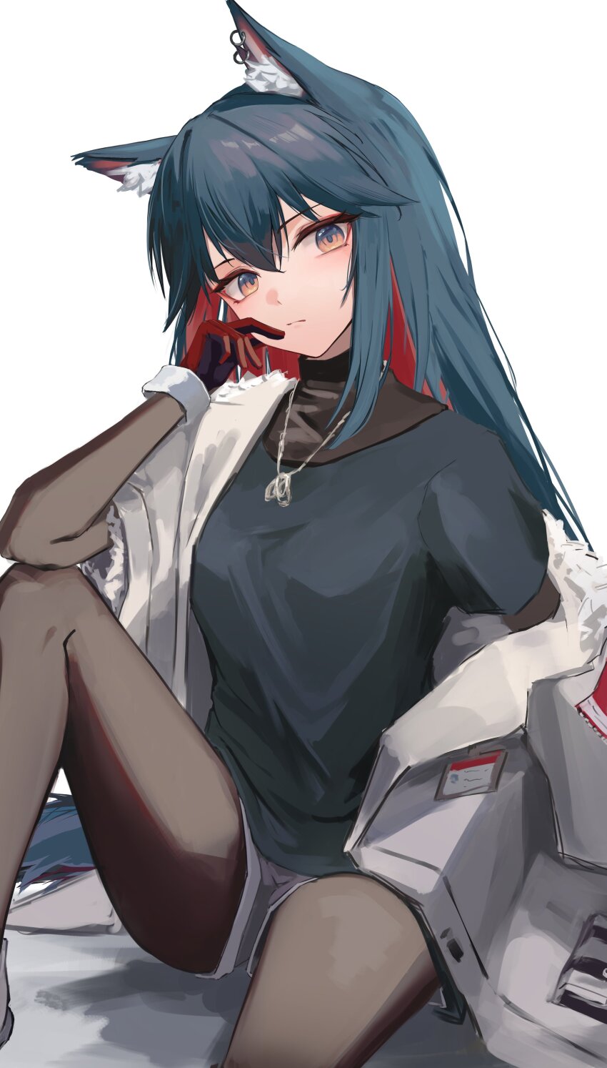 1girl absurdres animal_ear_fluff animal_ear_piercing animal_ears arknights black_gloves black_hair black_pants black_shirt black_sweater closed_mouth coat colored_inner_hair earrings expressionless fur-trimmed_coat fur_trim gloves hair_between_eyes highres id_card jewelry long_bangs long_hair looking_at_viewer multicolored_hair multiple_earrings nekomatamago official_alternate_costume open_clothes open_coat orange_eyes pants red_gloves red_hair shirt sidelocks solo sweater tail texas_(arknights) texas_(winter_messenger)_(arknights) turtleneck turtleneck_shirt two-tone_gloves two-tone_hair white_coat wolf_ears wolf_girl wolf_tail