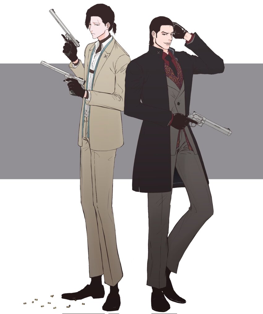 2boys alternate_costume black_eyes black_footwear black_gloves black_hair black_necktie black_socks bleach brown_jacket brown_pants coat collared_jacket collared_shirt dual_wielding formal_clothes ginjou_kuugo gloves grey_pants grey_vest gun hair_slicked_back hand_on_own_head handgun highres holding holding_gun holding_weapon jacket looking_at_viewer multiple_boys necktie nentr0 open_clothes open_coat open_jacket pants ponytail red_shirt revolver scar scar_on_face shell_casing shirt simple_background socks standing suit tsukishima_shuukurou turtleneck undershirt vest weapon