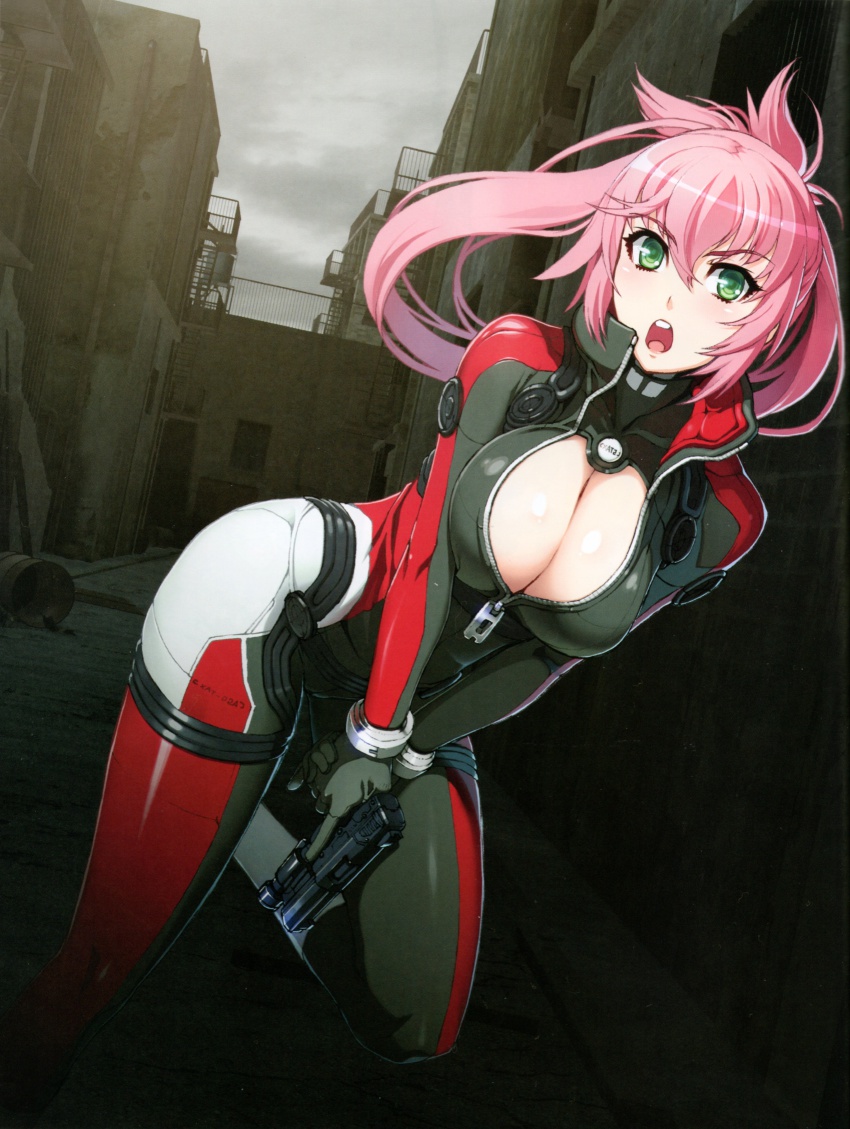 00s 1girl :o absurdres amanda_werner blassreiter bodysuit breasts cleavage female_focus green_eyes gun handgun highres large_breasts long_hair nishii_(damnedrive) open_mouth pink_hair pistol ponytail running scan solo weapon zipper