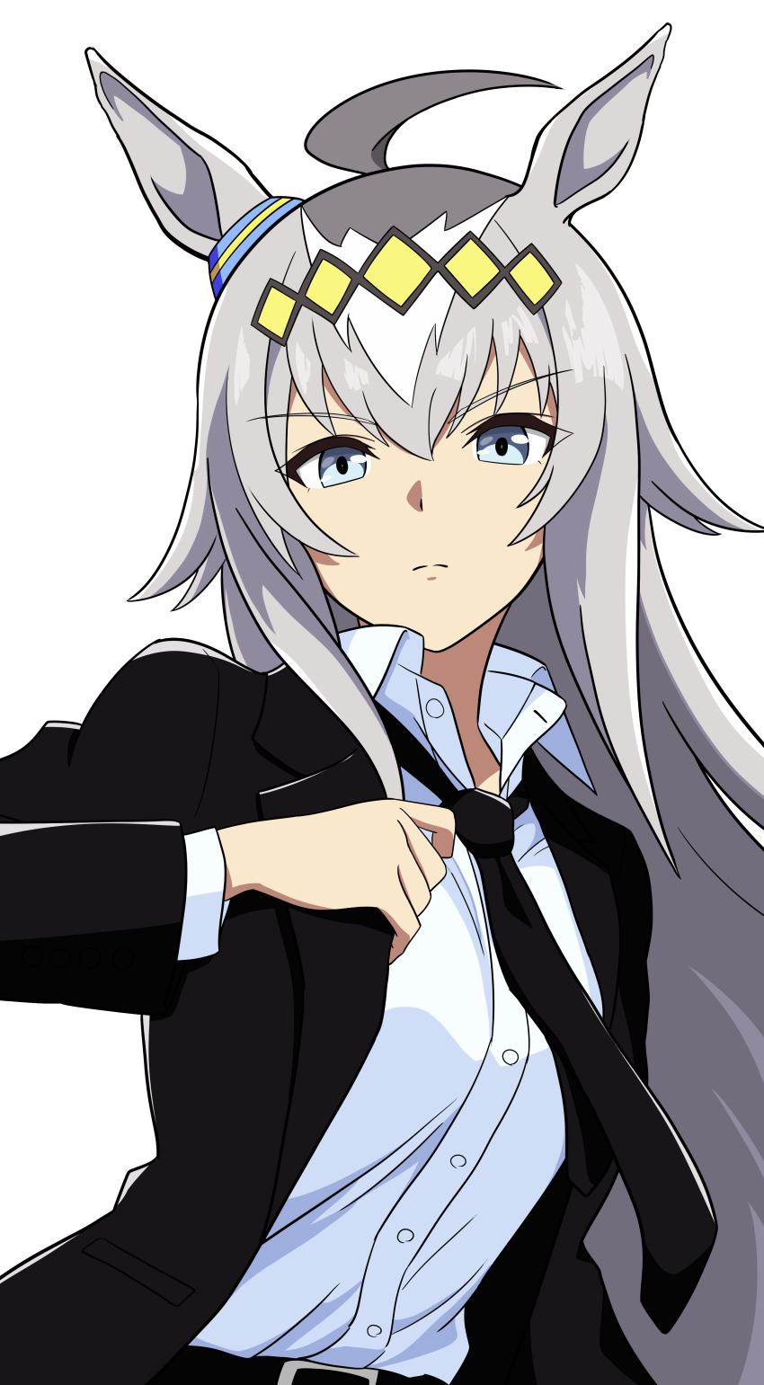 1girl absurdres ahoge alternate_costume animal_ears belt black_belt black_jacket black_suit blazer blue_eyes blue_shirt closed_mouth collared_shirt commentary_request ear_ornament formal_clothes grey_hair hair_between_eyes hair_ornament highres horse_ears horse_girl jacket kiyosuke_(kiyosuke023) light_frown long_sleeves looking_at_viewer oguri_cap_(umamusume) open_clothes open_jacket partial_commentary shirt simple_background solo suit umamusume upper_body white_background