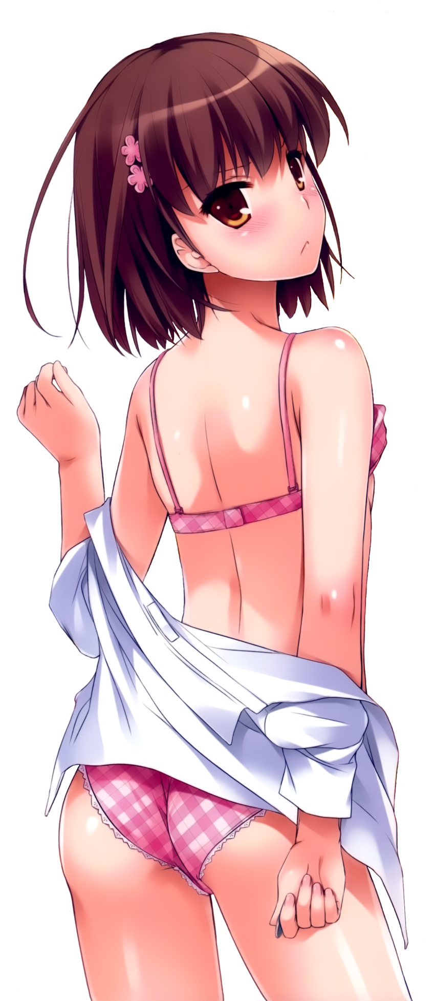 10s 1girl 2013 :&lt; absurdres ass bare_back bare_shoulders blush bra bra_lift breasts brown_eyes brown_hair coin flat_chest flower from_behind hair_flower hair_ornament highres holding holding_coin looking_at_viewer looking_back matching_hair/eyes misaka_mikoto nakajima_yuka panties pink_bra pink_flower pink_panties removing_shirt shirt short_hair shoulder_blades sideboob solo standing thighs third-party_edit third-party_extraction toaru_kagaku_no_railgun toaru_majutsu_no_index underwear underwear_only undressing white_background white_shirt