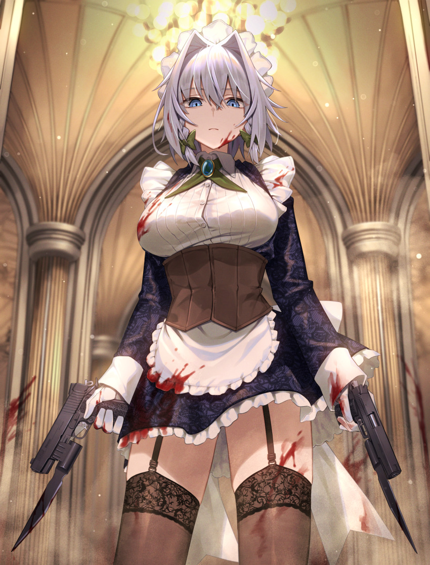 1girl apron bayonet blood blood_on_clothes blood_on_face braid breasts cocked_hammer commentary corset cowboy_shot dual_wielding expressionless garter_straps gloves greenkohgen grey_hair gun hair_intakes handgun highres holding holding_gun holding_weapon izayoi_sakuya lace lace-trimmed_legwear lace_trim large_breasts looking_at_viewer m1911 maid maid_apron maid_headdress short_hair skindentation standing touhou twin_braids waist_apron weapon white_gloves
