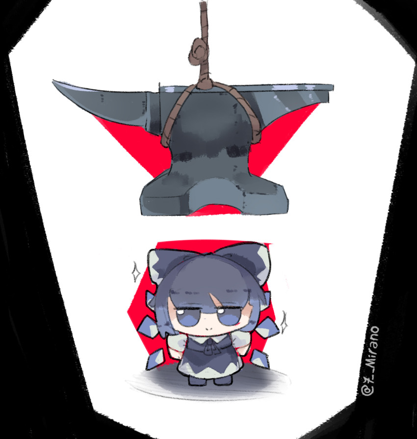 1girl 7-mirano anvil artist_name bow chibi chibi_only cirno closed_mouth dress fumo_(doll) hair_bow highres jitome looking_at_viewer solo sparkle standing straight-on touhou twitter_username wings