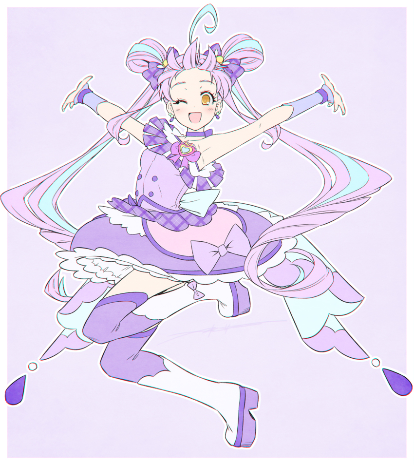 1girl ;d ahoge arms_up blue_bow blue_hair boots border bow breasts choker commentary_request cure_kyunkyun double_bun dress dress_bow earrings footwear_bow full_body hair_bow hair_bun hair_floating_upwards highres huge_ahoge idol_heart_brooch jewelry kazuma_muramasa kimi_to_idol_precure long_hair looking_at_viewer magical_girl multicolored_hair multiple_earrings one_eye_closed open_mouth orange_eyes outline plaid_bow precure purple_background purple_boots purple_bow purple_choker purple_dress purple_hair purple_wrist_cuffs shigure_kokoro small_breasts smile solo strapless strapless_dress streaked_hair teardrop_earrings thigh_boots twintails two-tone_hair very_long_hair white_border white_outline wrist_cuffs
