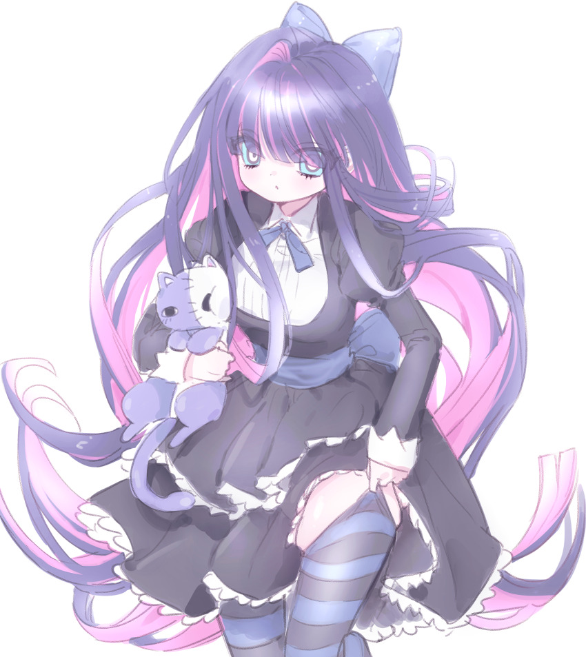 1girl back_bow black_dress blue_bow blue_ribbon blunt_bangs bow collared_dress commentary dress english_commentary frilled_dress frills hair_bow highres holding holding_stuffed_toy honekoneko_(psg) horizontal-striped_thighhighs juliet_sleeves light_blush long_hair long_sleeves looking_at_viewer mipi_(u3u_00) multicolored_hair panty_&amp;_stocking_with_garterbelt parted_lips puffy_sleeves ribbon simple_background solo standing standing_on_one_leg stocking_(psg) striped_clothes striped_thighhighs stuffed_toy thighhighs thighhighs_pull two-tone_hair very_long_hair white_background